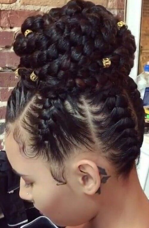 Cornrows Braided Central Top Bun with Beads