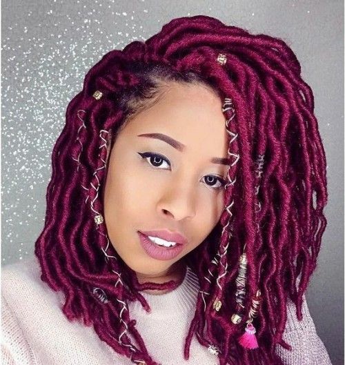 Red Short Goddess Faux Locs Hairstyle